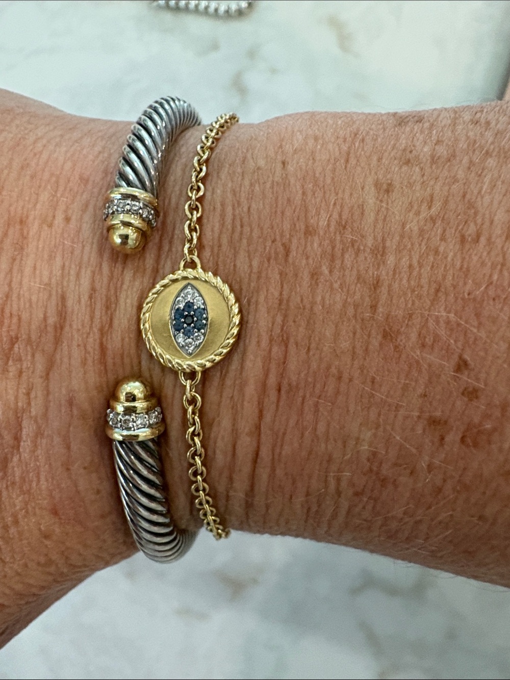 David Yurman Two-Tone Cable Cuff Bracelet with Pavé Accents — Silver & Gold
